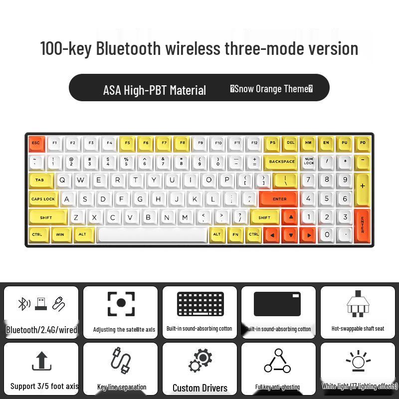 Беспроводная механическая Bluetooth-клавиатура - 100 клавиш, трехрежимная, компактный дизайн, настраиваемая для офиса, с горячей заменой переключателей