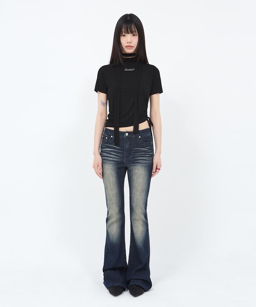 SECONDSALT Shirred Choker Half-Neck T-Shirt (Black)