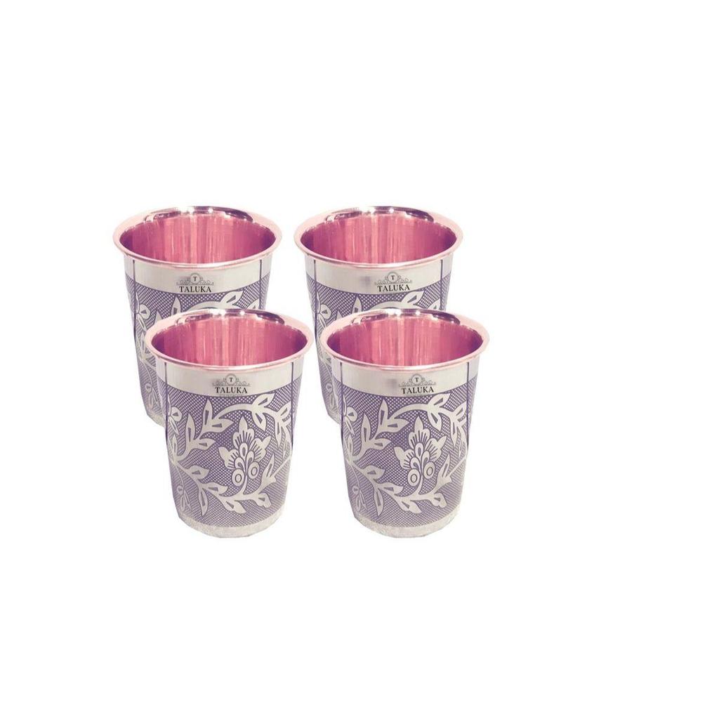 Set of 4 Etching Embossed Design Steel Copper Glass Tumbler Cup, Drinkware Serveware, Health Benefits Ayurveda Yoga