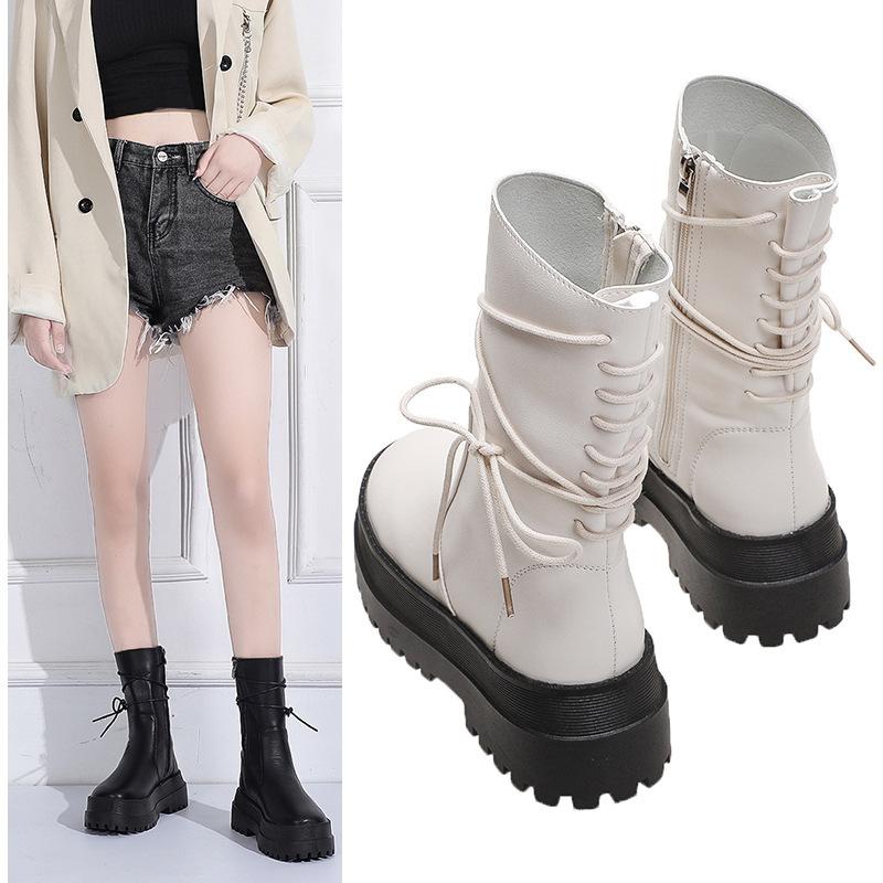 Женские сапоги 2024 года, новые кожаные сапоги на толстой подошве, женские короткие сапоги, сапоги для верховой езды с боковой молнией, со шнуровкой сзади, сапоги средней длины