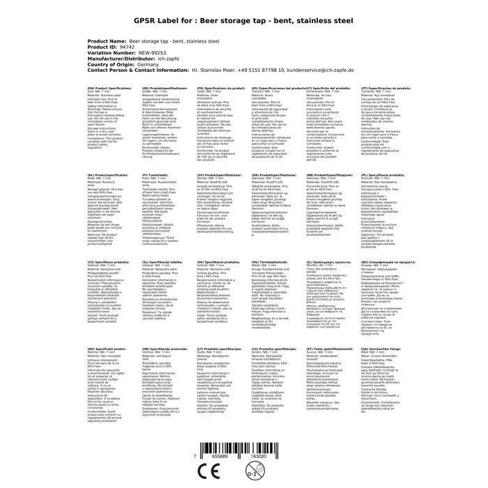 Robinet tireuse à bière - ICH-ZAPFE - Courbé - Acier inoxydable - NW 7 mm - Résistant à la corrosion