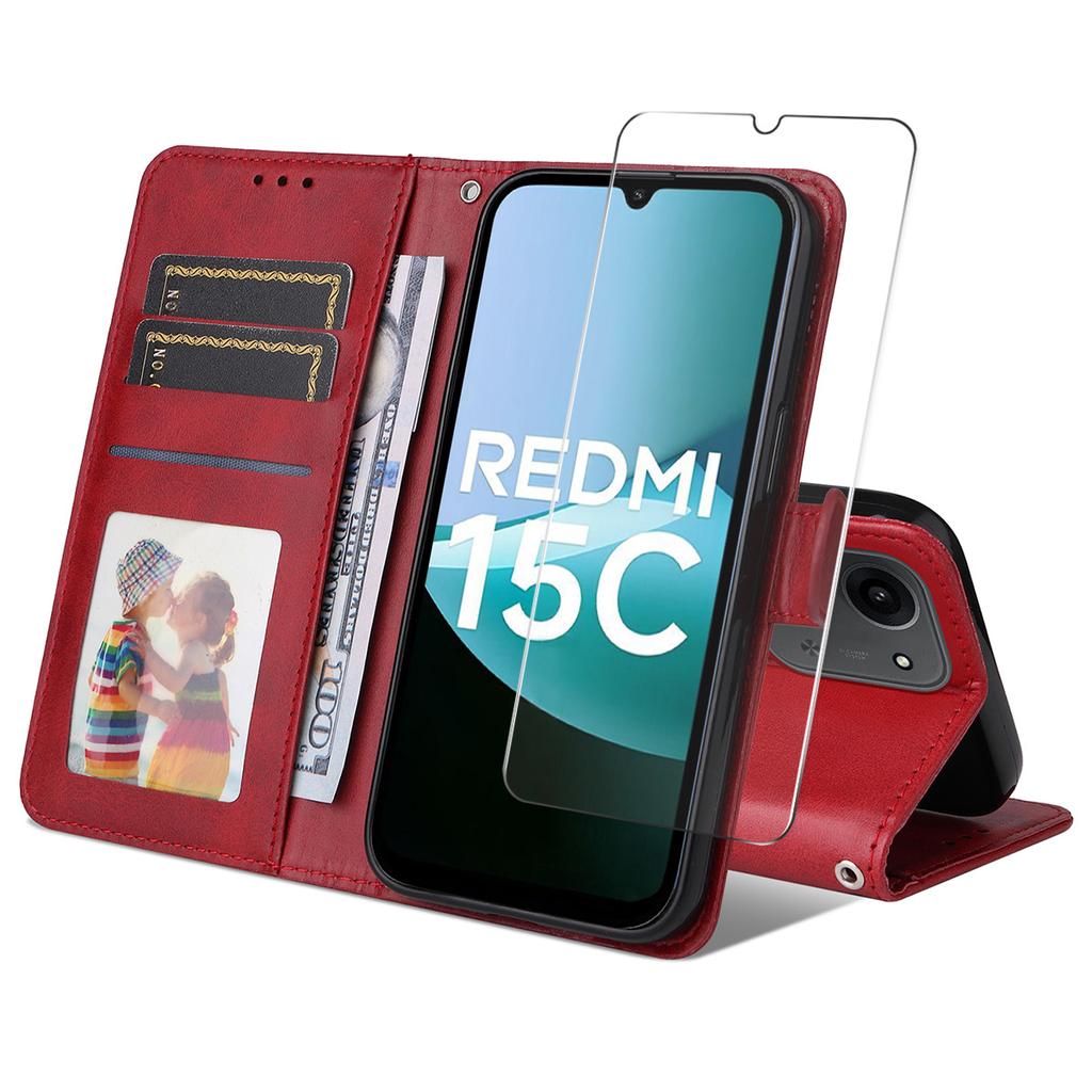 For Xiaomi 15C 4G (Global) (171mm)/Poco C85 4G PU Leather Wallet Case Phone Stand Cover with Tempered Glass