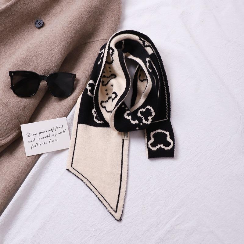 New Knitted Small Scarf Women's Wool Scarf Autumn and Winter Small Ears Letter Camellia Narrow Scarf