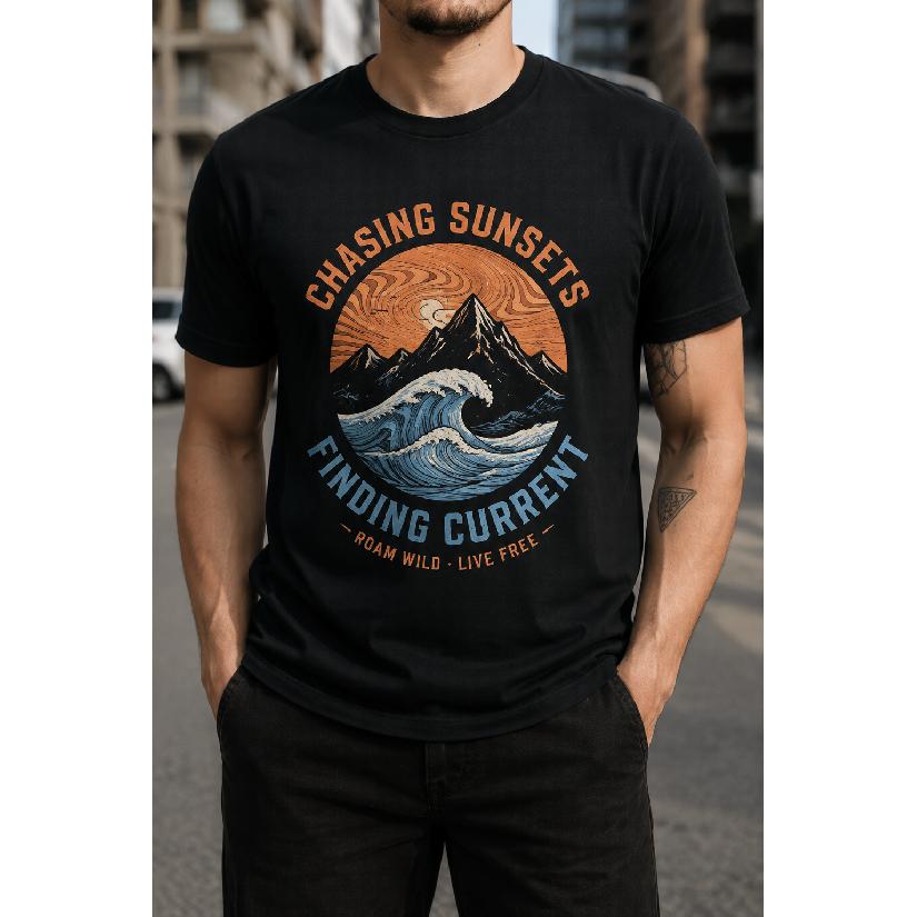 Plus Size - Men's T-Shirt S-5XL Featuring a Chasing Sunsets Finding Current Graphic Print - a Casual Short-Sleeve Round-Neck Top With a Relaxed Fit,