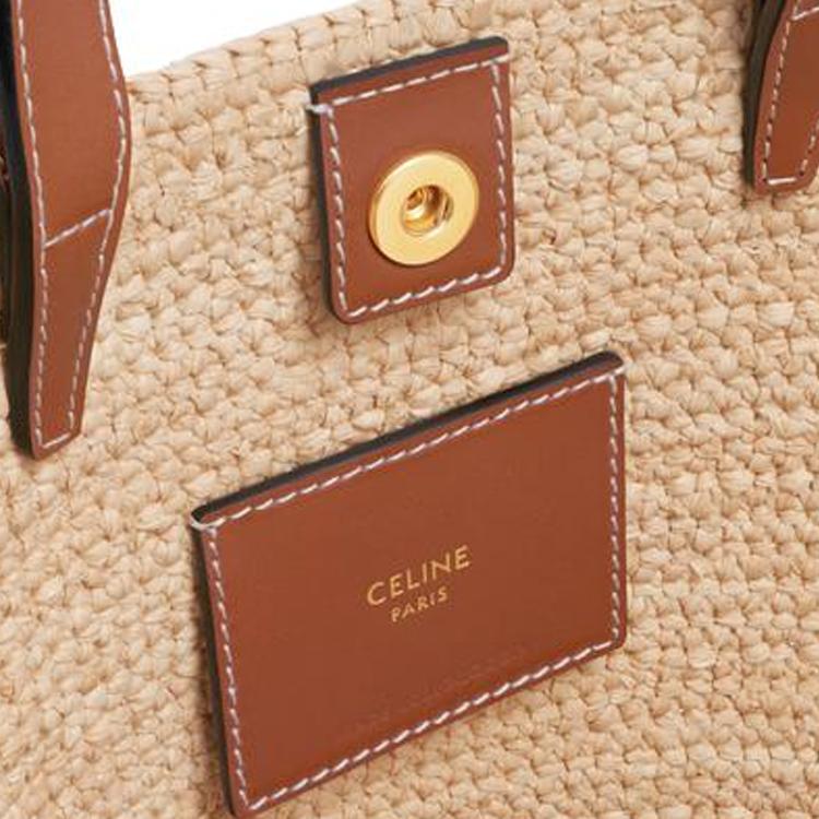Celine Нано Мягкая Сумка-тоут через плечо с логотипом Triomphe из рафии и телячьей кожи Женские сумки Натуральный коричневый 10M582DZ2-02NT