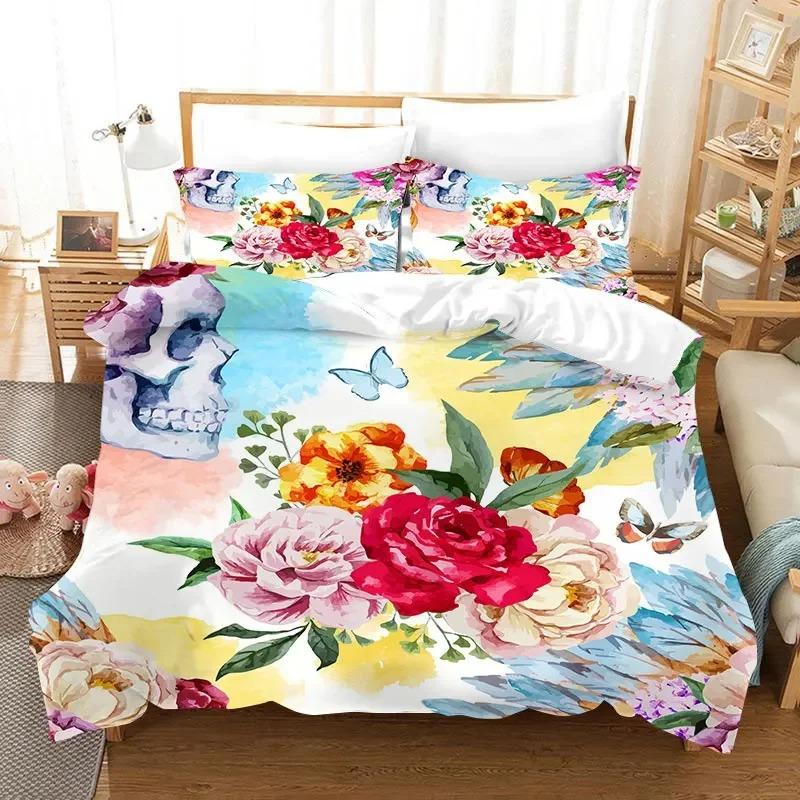 Принт Хэллоуин 3d Постельное белье Золотая роза Череп Супермягкий Удобный Роскошный Постельный комплект Домашний текстиль Наборы пододеяльников 28x228