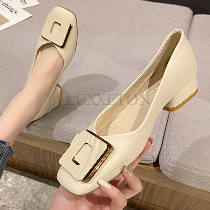 Women Fashion Pumps OL Square Buckle High Heels Shoes Ladies Decoration Leather Casual Shoes Big Size 35-43
