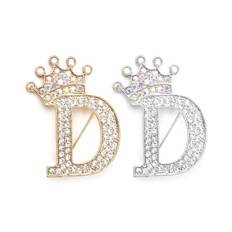 Fashion Crown 26 Initial Letters A To Z Rhinestone Brooches For Women Coat Dress Lapel Collar Pin Jewelry Accessries