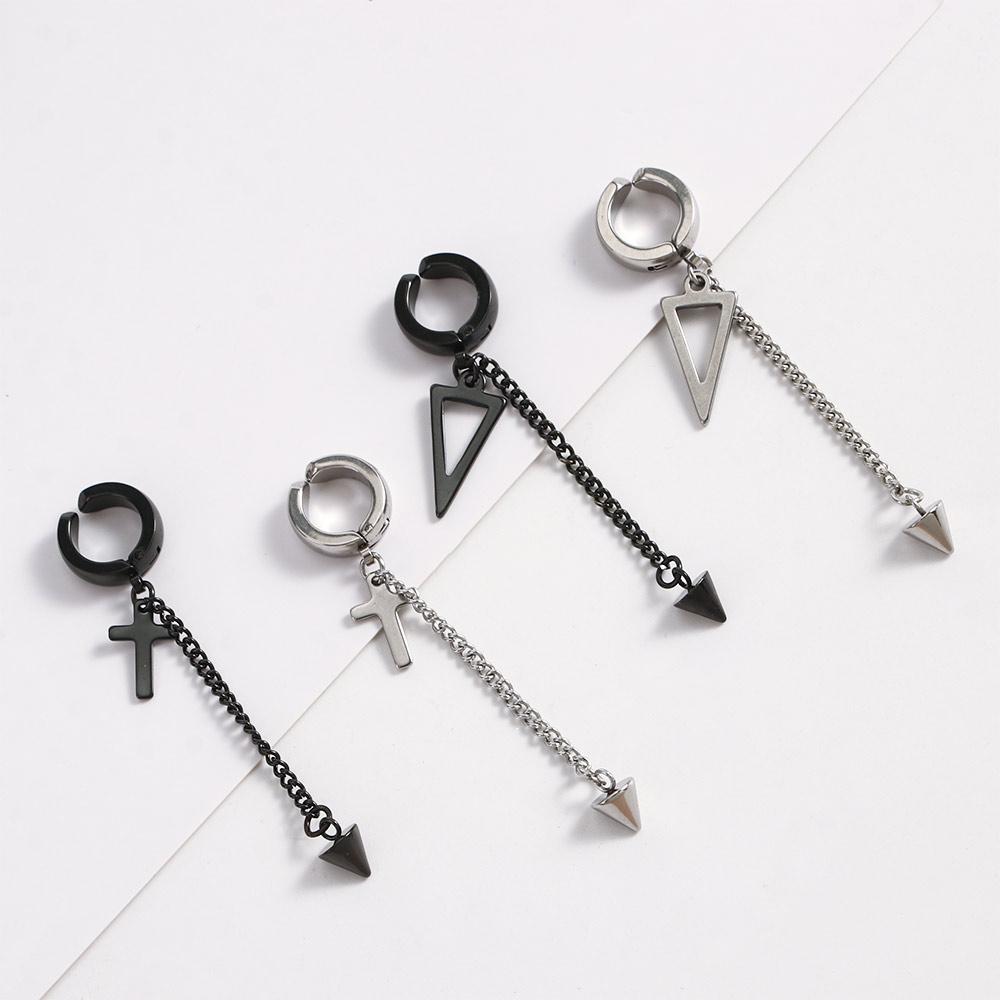 Steel Geometric Cross Triangle Tassel Fashion Jewelry Dangle Earrings Ear Clip Drop Earrings