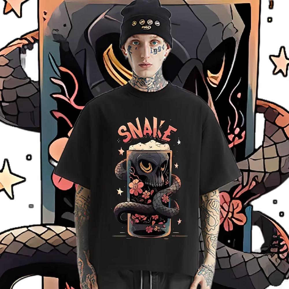 Футболка с принтом змеи вокруг чашки, с коротким рукавом, с круглым вырезом, одежда в стиле хип-хоп, мужская футболка, футболка с HD графическим принтом, повседневные топы, футболка оверсайз