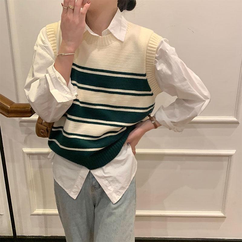 Sweater Vest Autumn and Winter Korean Edition Contrast Stripe Inner Knitted Vest Female Sleeveless Sweater Pullover Female Top