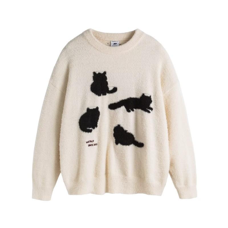 Unisex Oversized Knit Sweater With Cartoon Cat Jacquard Winter Casual Pullover Teens Adults