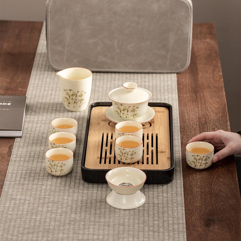 High-end Huang Ru Kiln Travel Kung Fu Tea Set Household Portable Cover Bowl Teacup Teapot Light Luxury Business Gifts