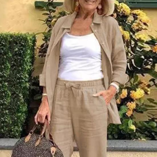 2 Pcs/Set Women Shirt Pants Set Loose Lapel Single-breasted Mid Length Long Sleeve Blouse High Elastic Waist Wide Leg Trousers Daily Wear Clothes