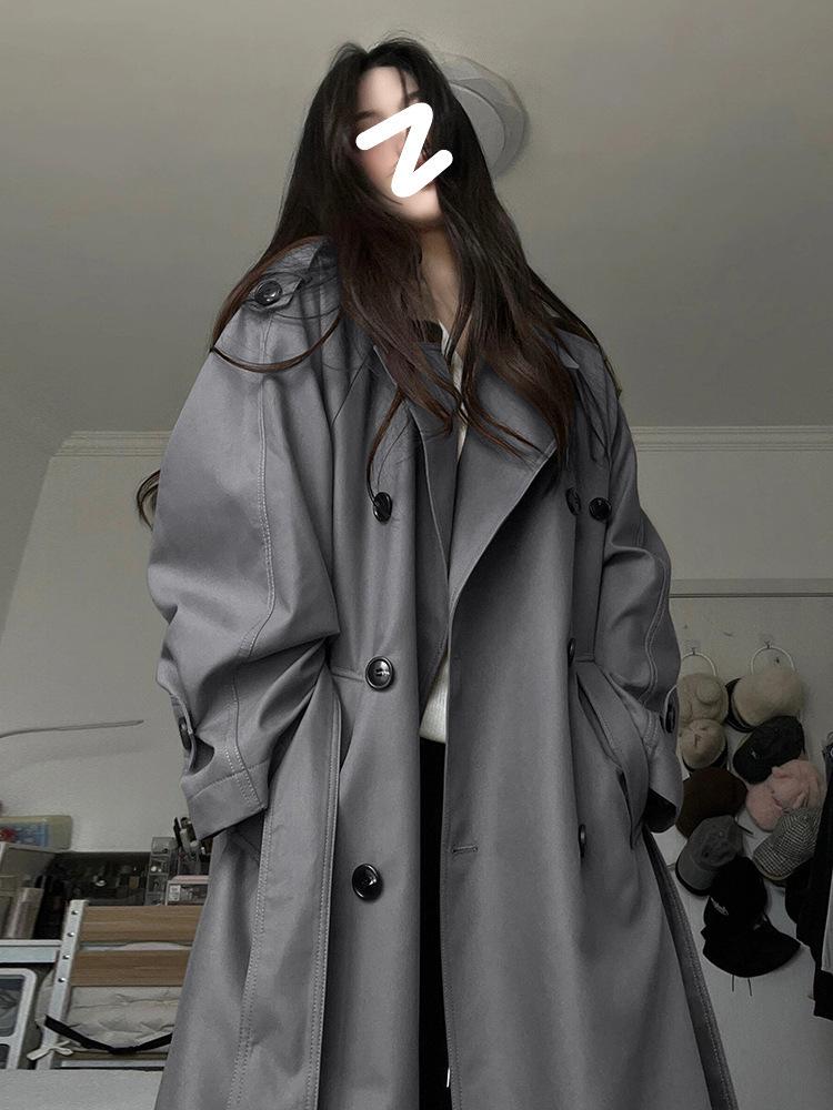 Женский серый тренч средней длины - Весна Осень 2025, Корейский дизайн для миниатюрных, Британский стиль