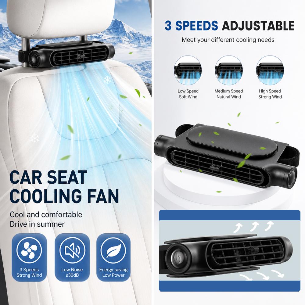 Car Seat Cooling Fan 3 Speeds Adjustable Car Seat Headrest Fan USB Powered Electric Fan Cooling Air Fan For Cars Rear Seat Heat Shields 2