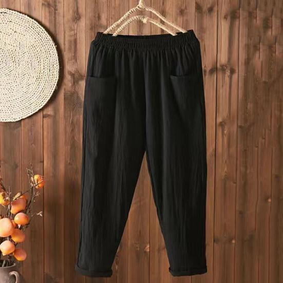 Elastic Waist Wide Leg Harem Pants Women Cotton Linen Casual Vintage Loose Solid Color Pockets Trousers