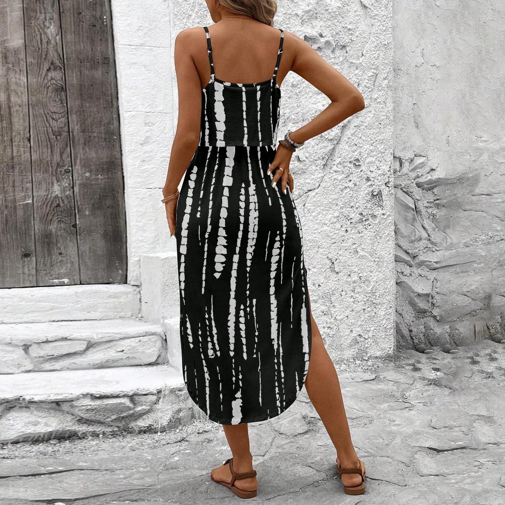 Women's Fashionable Retro Printed Camisole Waist Cinching Casual Dress