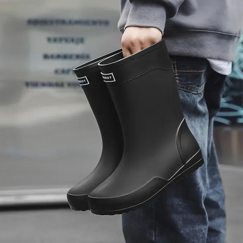 Fashion Men's Rain Boots Rubber Gumboots Slip On Mid-calf Waterproof Working Boots Comfort Non-slip Fishing Shoes for Men 2024