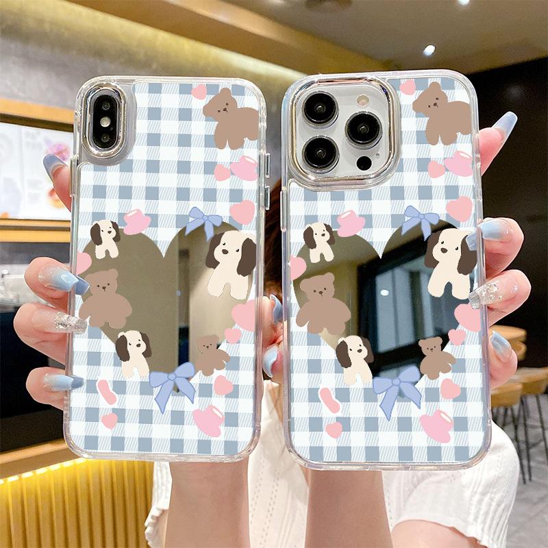 Plaid love mirror iPhone mobile phone case cartoon bear bow apple 13PM anti-drop protective case