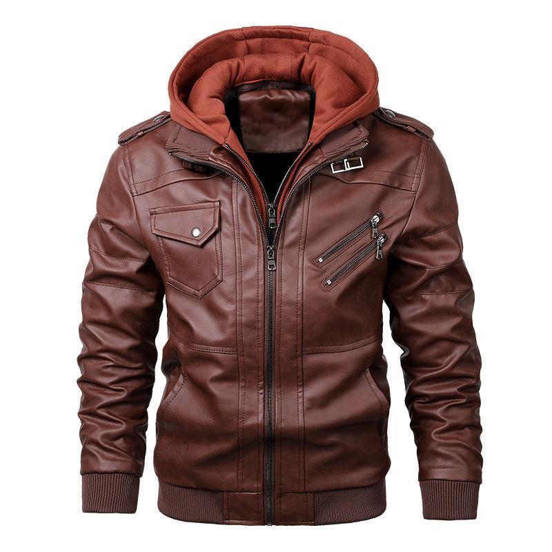 Spring and Autumn Men's Jacket Pu Hooded Jacket Men's Youth Leather Jacket Fake Two-piece Jacket