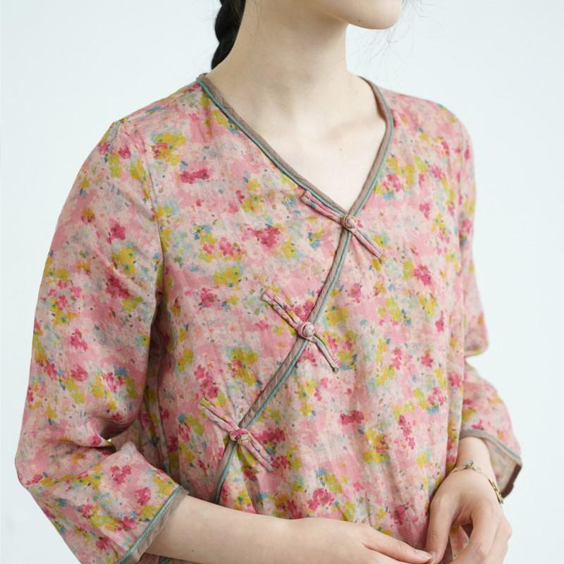 Johnature Женское винтажное платье с V-образным вырезом, принтом, цветочным узором и пуговицами, летнее платье в китайском стиле