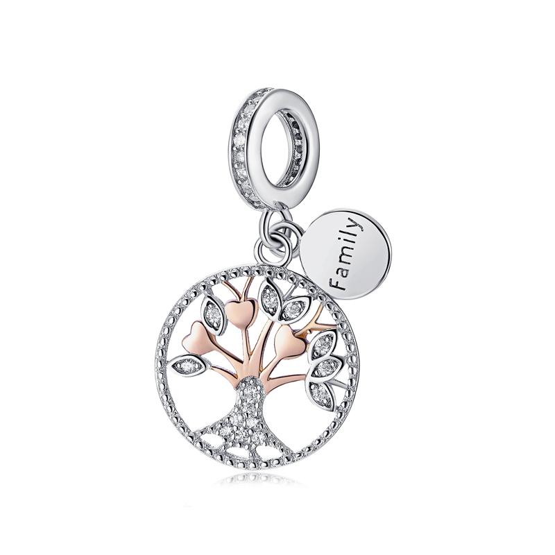 Original 925 Sterling Copper Charms Family Tree Love Heart Mom Pendant Beads Fit Brand Bracelets Necklaces Women DIY Zircon