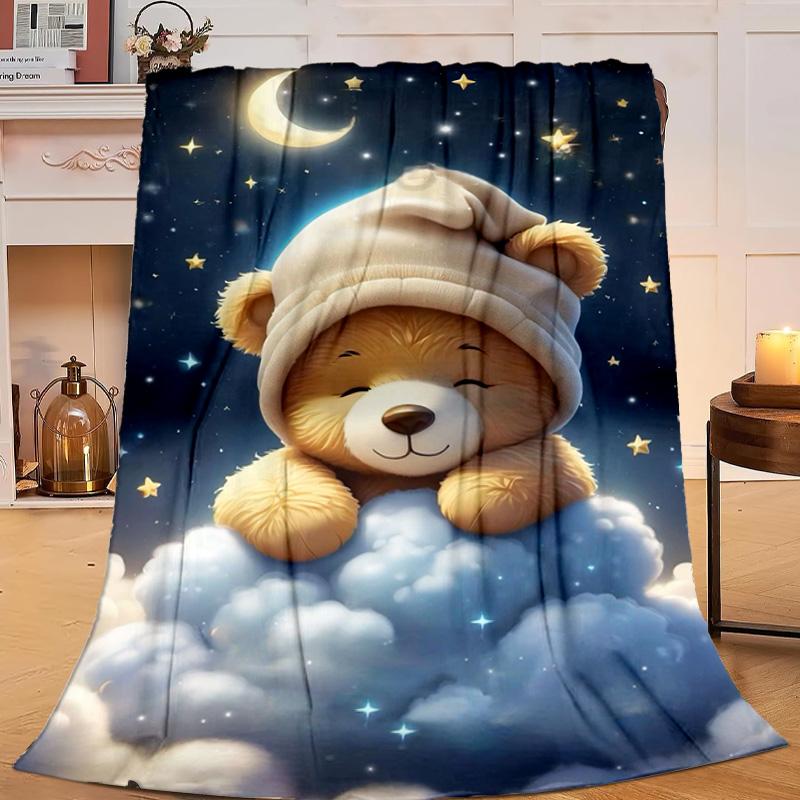 1PC Teddy Bear Night Sky Flannel Blanket Gift, Suitable for Both Men And Women, Soft Ideal for Beds And Sofa, Birthday Or Christmas Gift