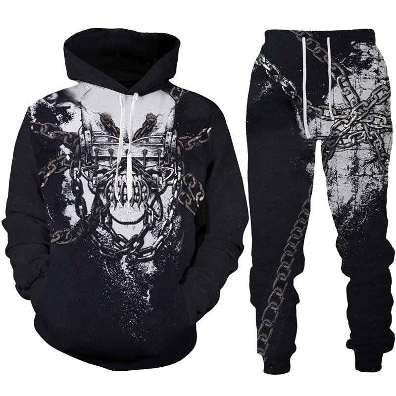 Готическая толстовка с принтом черепа/спортивный костюм с 3D-принтом, модная мужская мотоциклетная байкерская спортивная одежда, комплект крутой толстовки с графическим рисунком + костюм для брюк