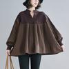 Plus Size Women Lantern Sleeve Pleated Patchwork Sweater Spring Autumn Loose Casual Knitted V-neck Shirt Oversized Tops