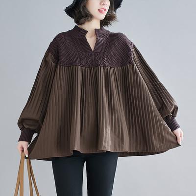 Женский свитер большого размера с рукавами-фонариками, плиссированный, в стиле пэчворк, весенне-осенний, свободный, повседневный, вязаный, с V-образным вырезом, оверсайз