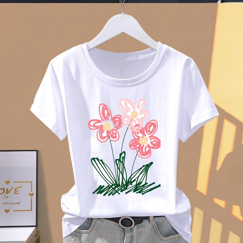 (Osiyo o'lchami) Qisqa yengli futbolkalar trend T yoqimli gul naqshli gul Kiyim Moda Print Ayollar Kundalik Ayollar Top Grafik Futbolka