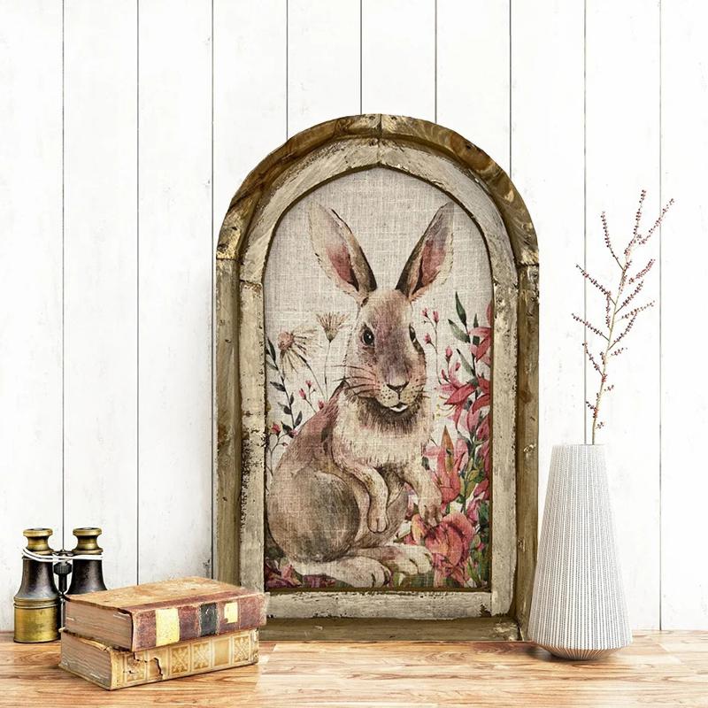 1PC Vintage Easter Decor Retro Home Decoration Wooden Bunny Oil Painting Rabbit Inn Art Print