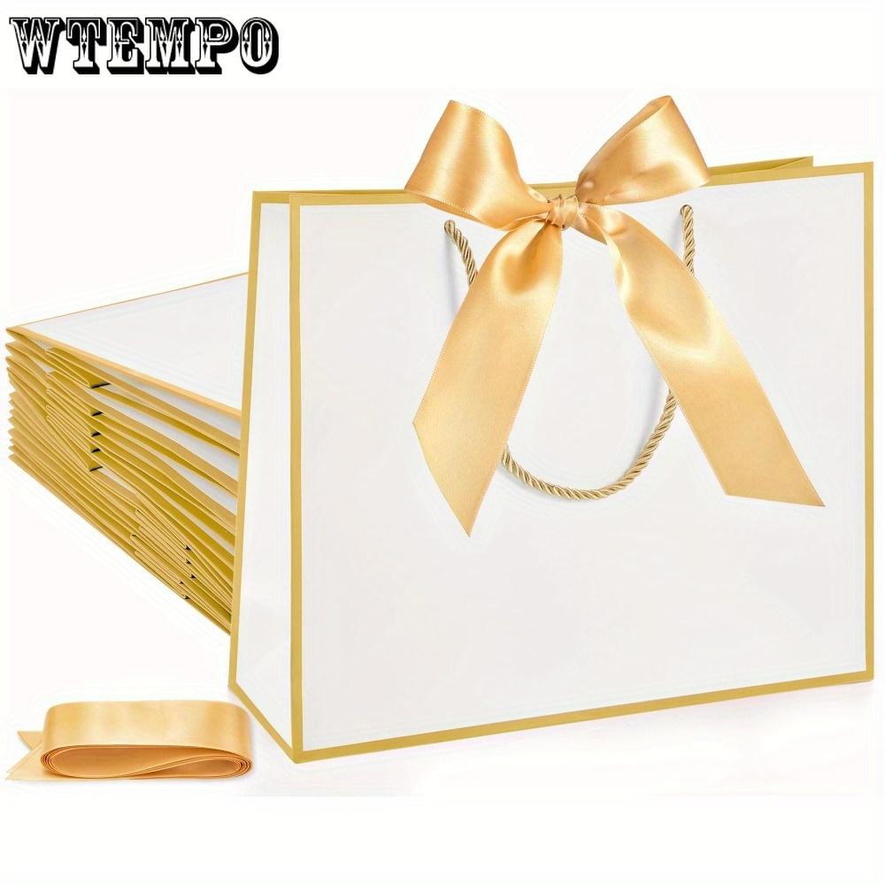 10pcs Elegant Gift Bags with Golden Bow Ribbon and Handles Gift Bags Gift Packing Bag for Wedding Birthday Housewarming Gifts White with Golden Border