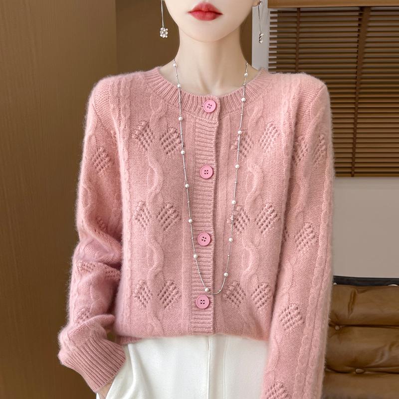 Женский толстый вязаный кардиган из шерсти - Однотонный, с ажурным crochet-дизайном, с круглым вырезом для осени и зимы