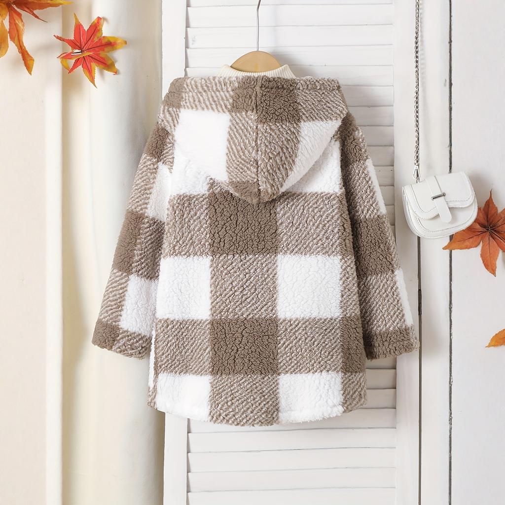 Children's Fashion Plaid Long Sleeved Hooded Plush Warm Jacket