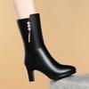 Women's Winter Boots Genuine Leather Female Boots Warm High-heeled Plush Boot Women Trend Mid-calf Boots Women Zipper Round Head