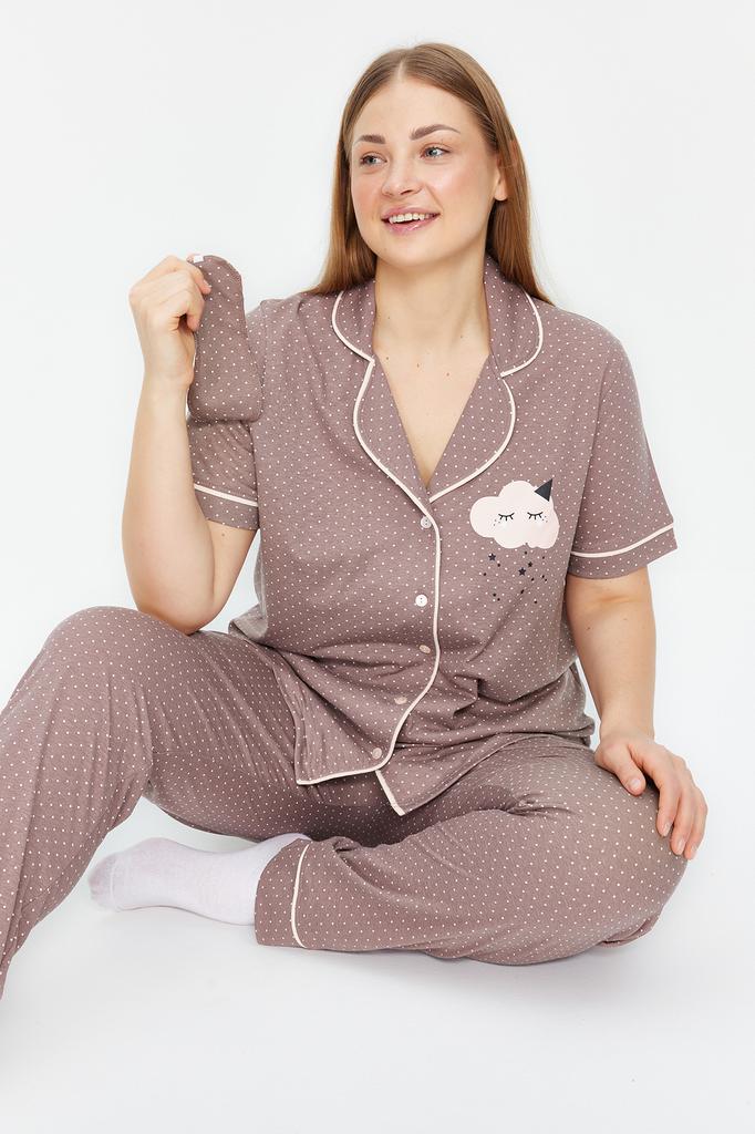 Women's Fashion New Plus Big Size Pajama Set Mink Polka Dot Patterned Shirt Collar Knitted Pajama Set