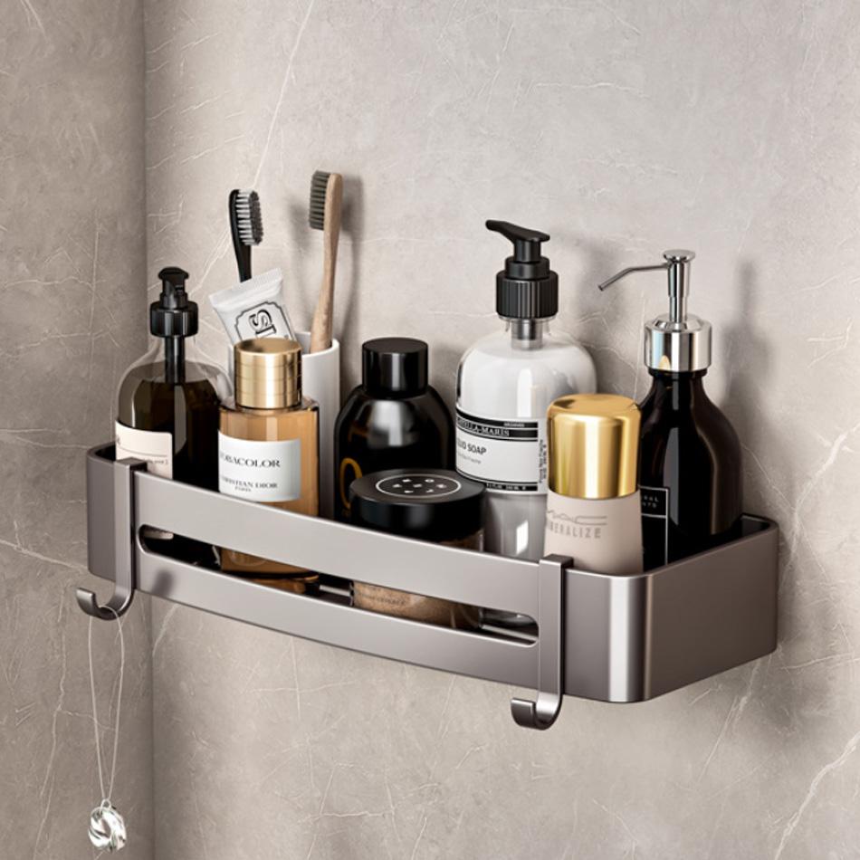 Прямоугольная полка для ванной комнаты, алюминиевая, серая, для туалета, кухни, для ванной, для хранения шампуня, мыла, треугольная полка с крючками, бесплатный гвоздь