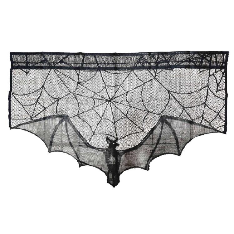Праздничный черный кружевной чехол на каминную полку с деталями в виде паутины и летучих мышей для празднования Хэллоуина