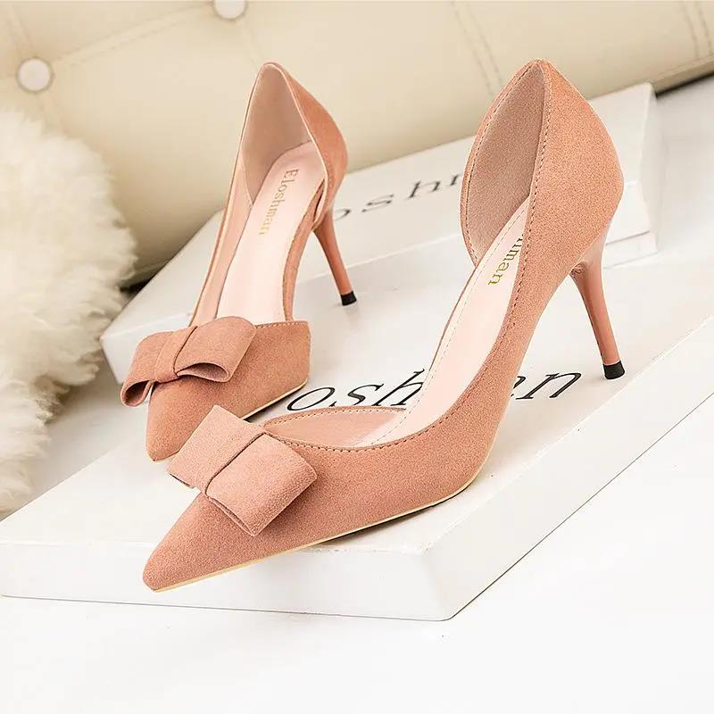 Cresfimix Mujeres Tacones Altos Women Fashion Flock High Quality Bow Tie Spring Heel Shoes Lady Cute Comfort Party Pumps A152
