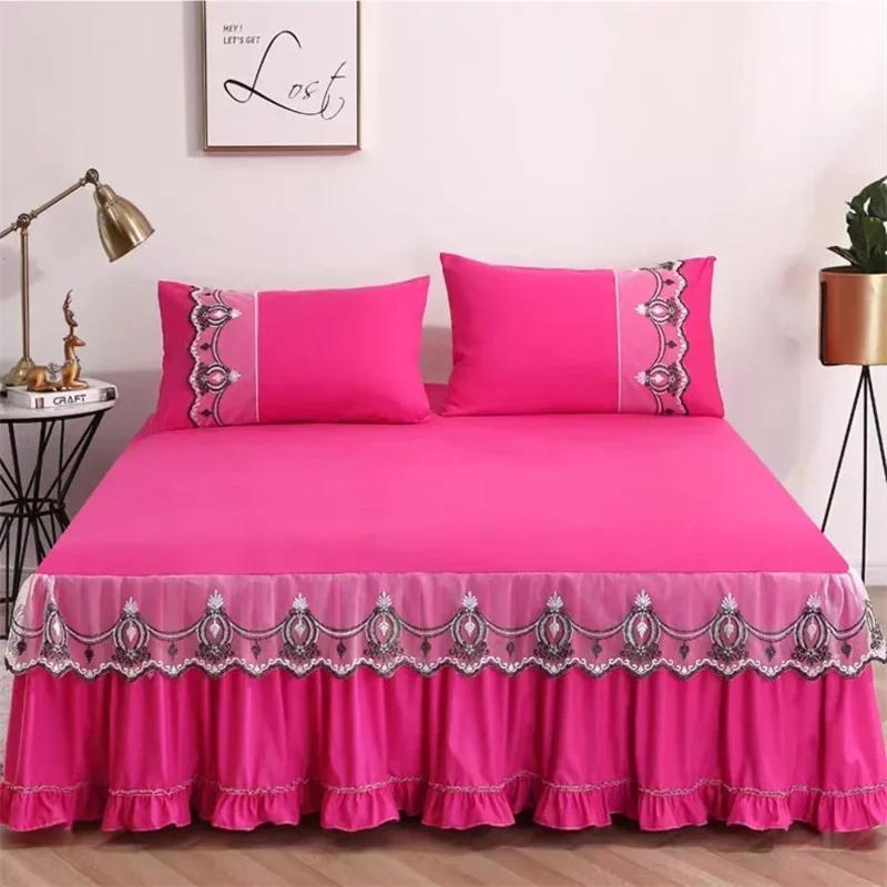 3pcs Bed Skirt Set with Ruffle Lace Anti Slip 1 8x2 0m Bed Cover Solid Mattress Dust Cover Pillowcase