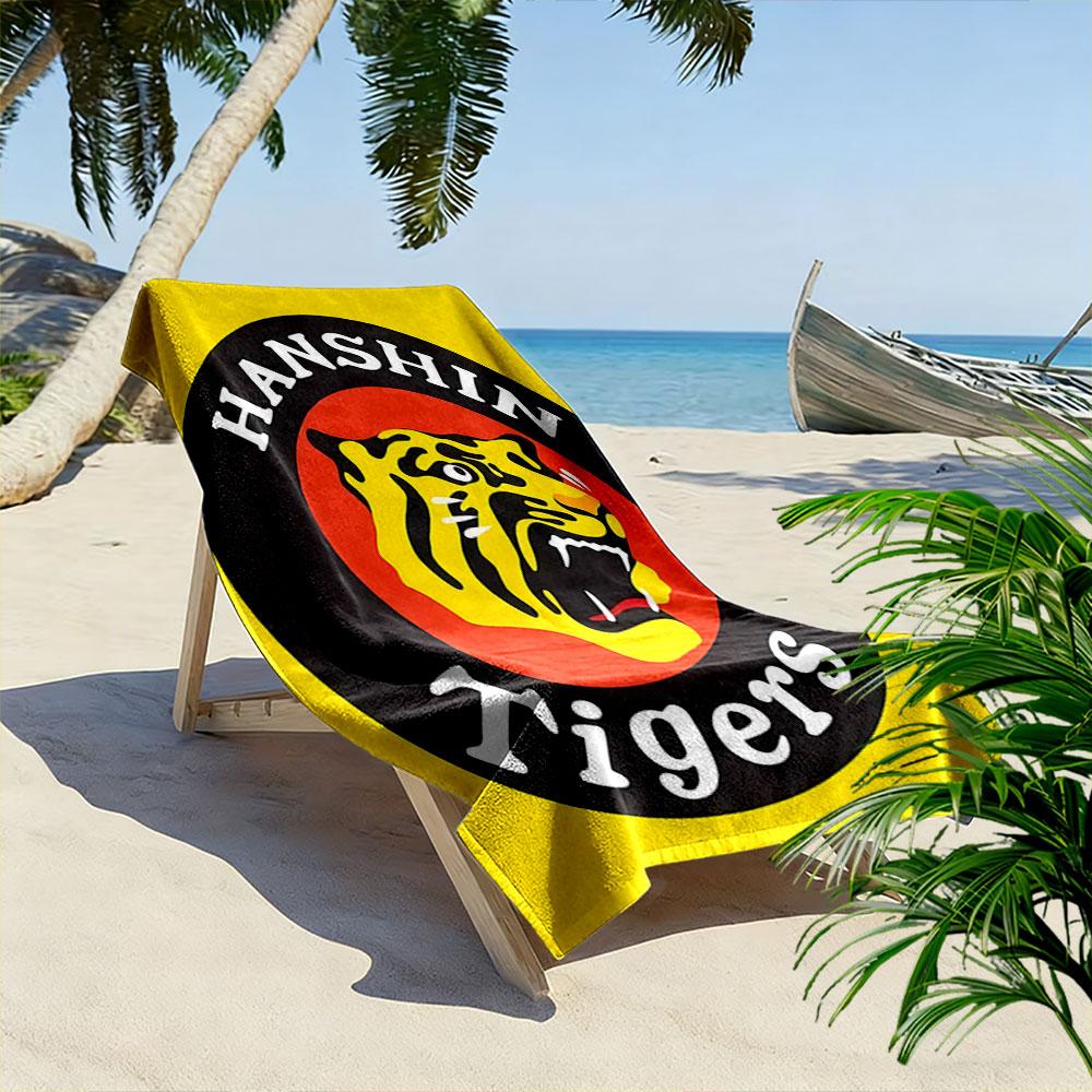 Hanshin Tigers Logo on Yellow Background Patterned beach towel quick dry perfect for travel outdoor sports jogging the beach and swimming