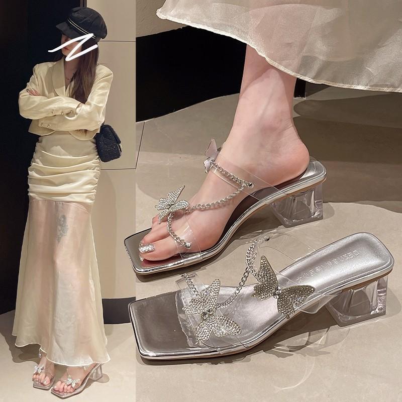 Female Shoes Square Toe Modern Women's Slippers Outdoor Dress Slippers Women Chain Crystal Butterfly Square Heel Sandals