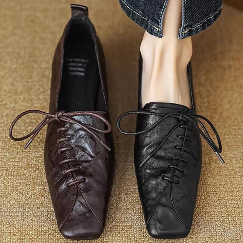 Мода 2025 Весна Осень Винтажные Женские Кожаные Туфли Элегантные Туфли с Мелким Квадратным Носком Женские Туфли на Шнуровке