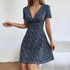 Женское мини-платье с цветочным принтом, с коротким рукавом, V-образным вырезом, летящее короткое платье, лето, пляж