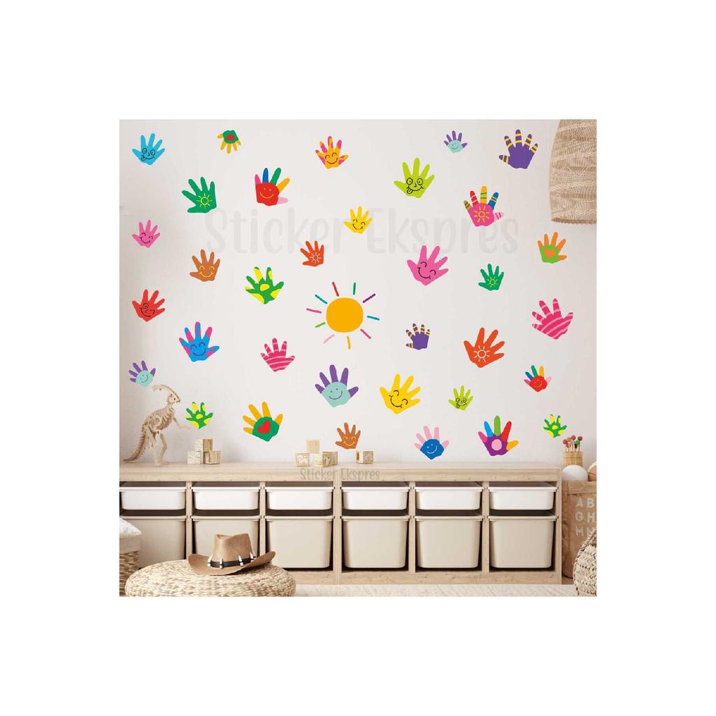 Colorful Handprints And Sun Handprint Kindergarten Nursery School Children's Room Wall Door Glass Sticker Set