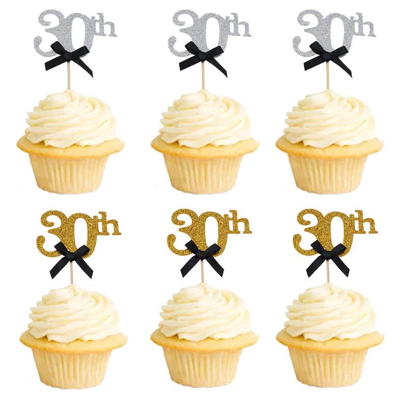 10 шт. золотые серебряные украшения для торта на 30-е, 40-е, 50-е, 60-е годы, украшение для вечеринки по случаю дня рождения, украшения для кексов с черным бантом на годовщину для взрослых