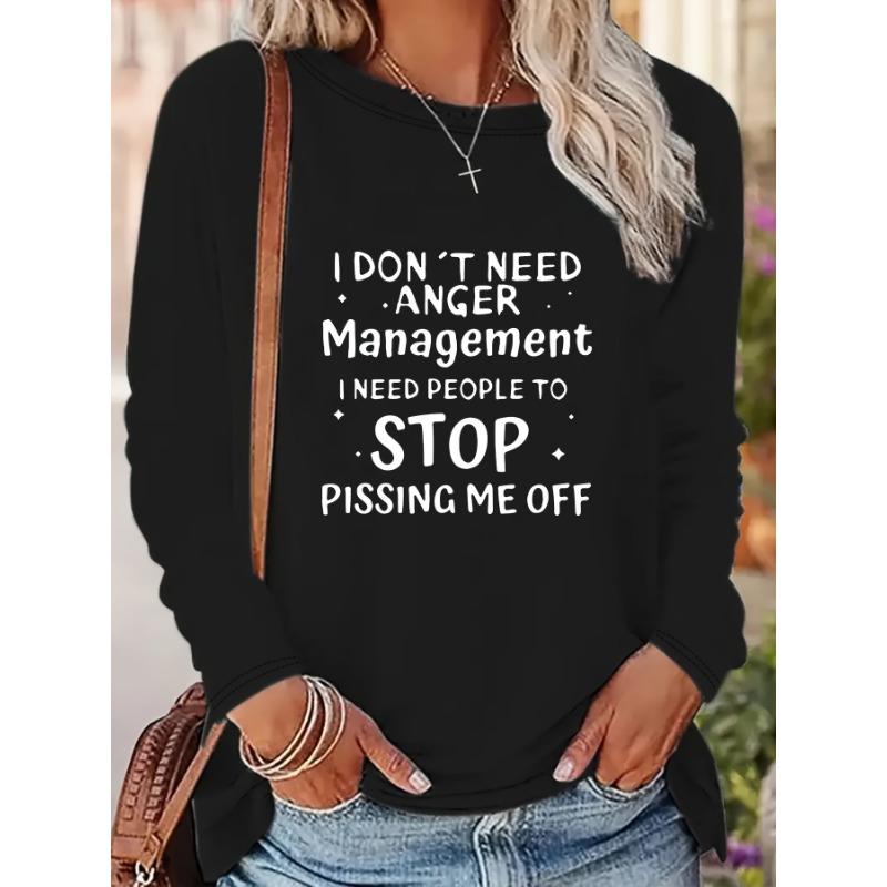 Women's Spring and Autumn fashionable casual loose letter pattern printed round neck long sleeved T-shirt top