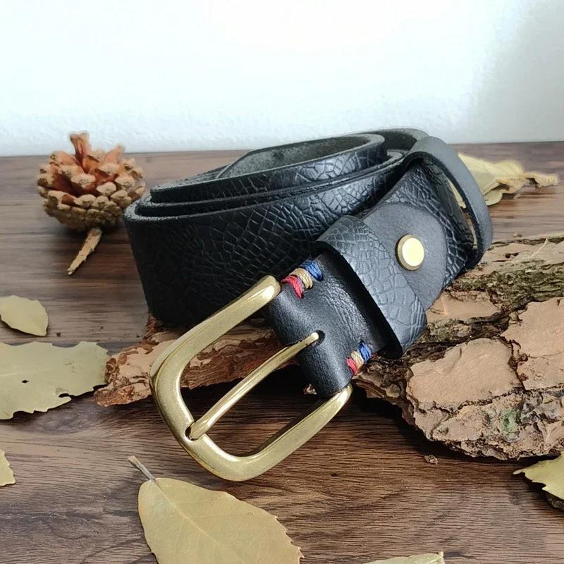 Top Cow Genuine Leather Brass Buckle Belts for Men Luxury Designer High Quality Fashion Style Vintage Embossing Cowboy Male Belt
